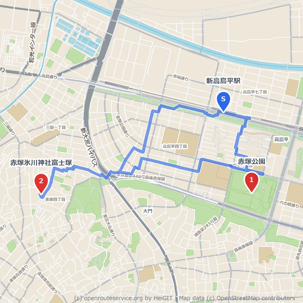 赤塚公園と歴史感じる氷川神社富士塚散歩 のコースマップ