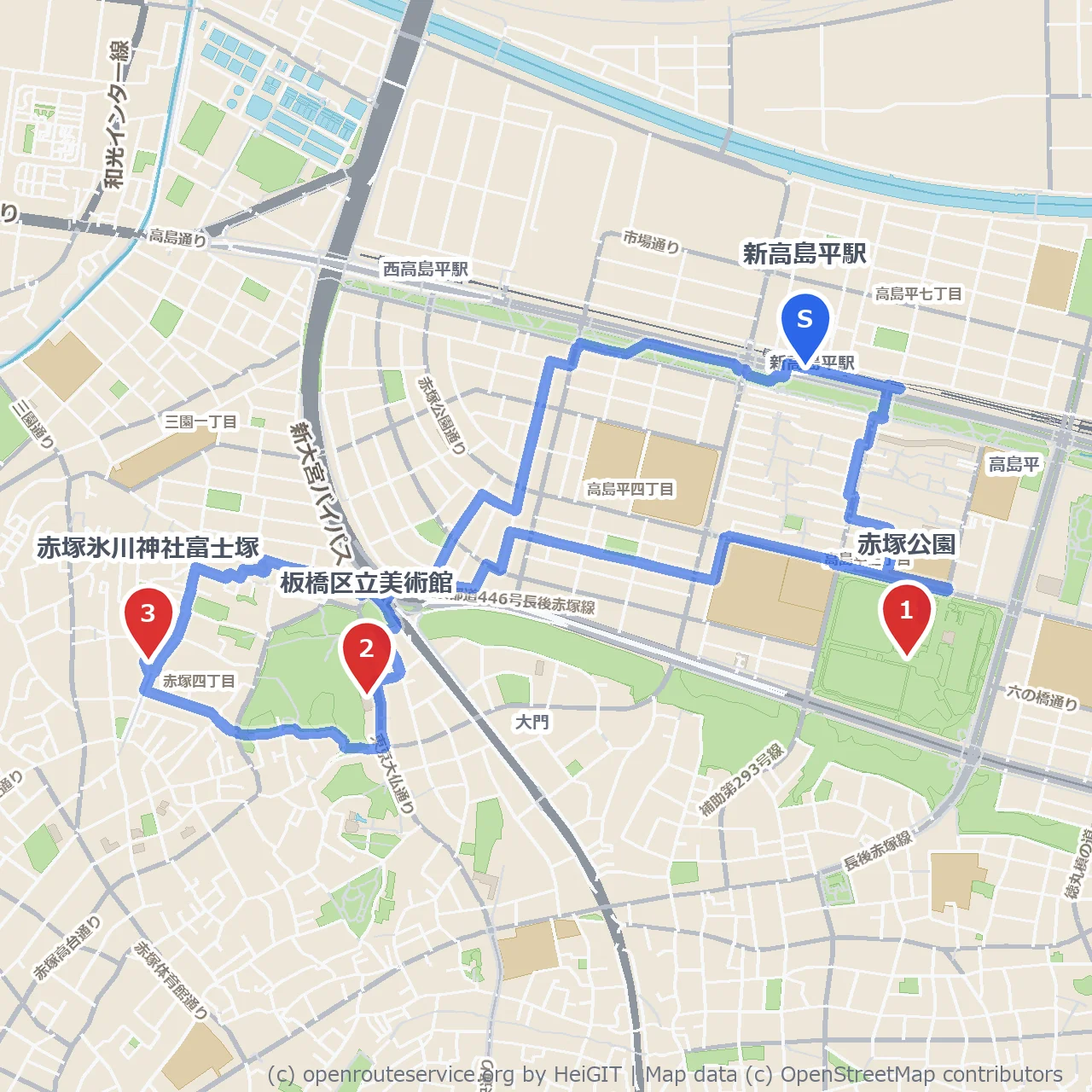 美術館を巡る赤塚公園から氷川神社富士塚までの散策 のコースマップ