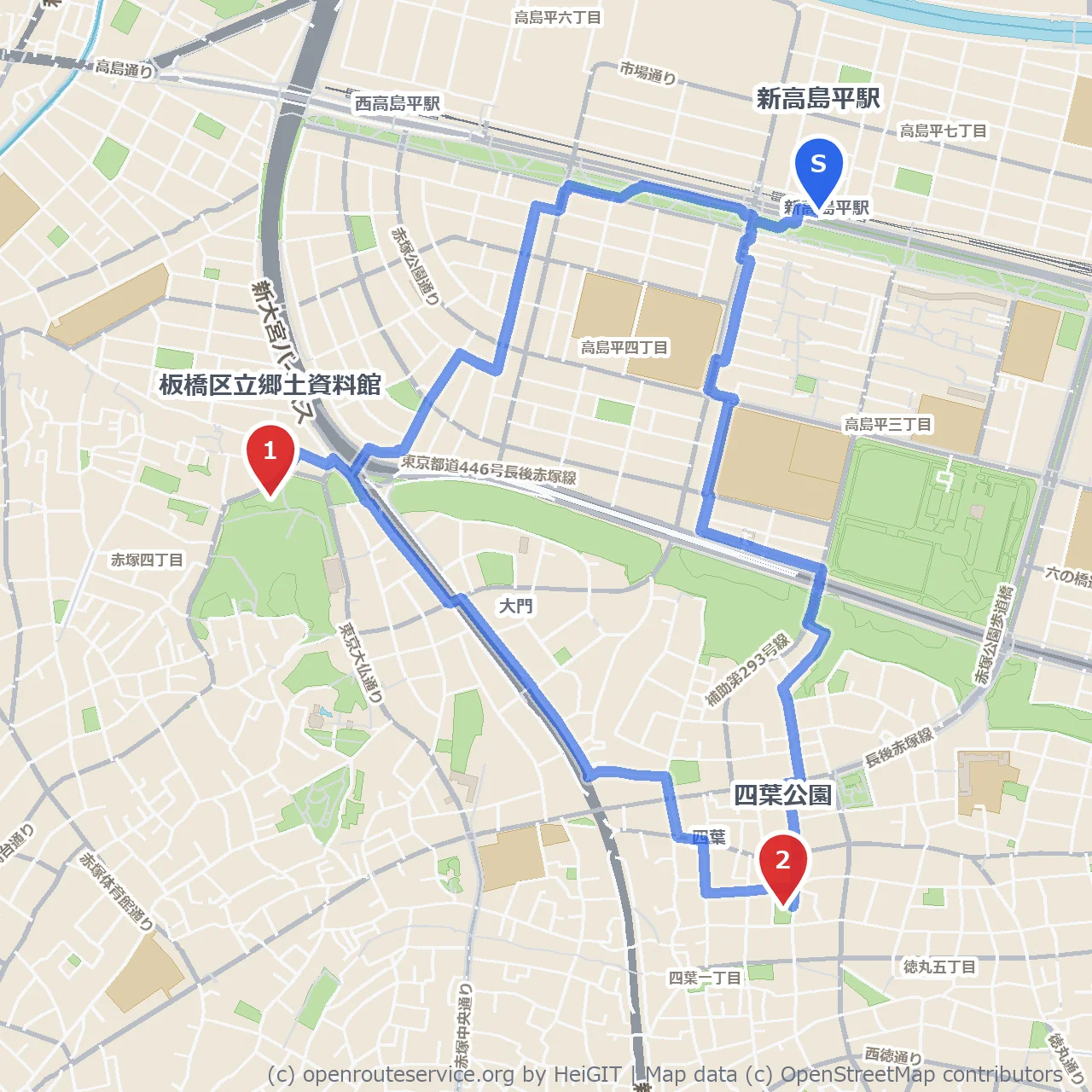 郷土資料館から四葉公園へゆったり歩く文化と自然コース のコースマップ