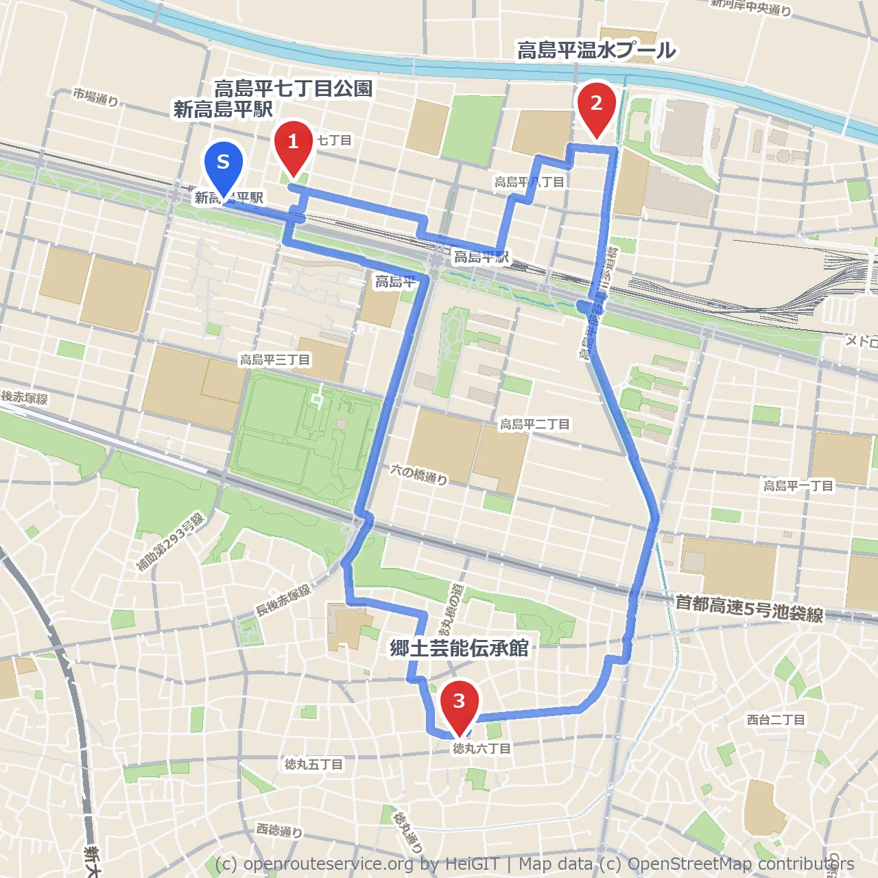 高島平の温水プールと郷土芸能伝承館を楽しむ公園散歩 のコースマップ
