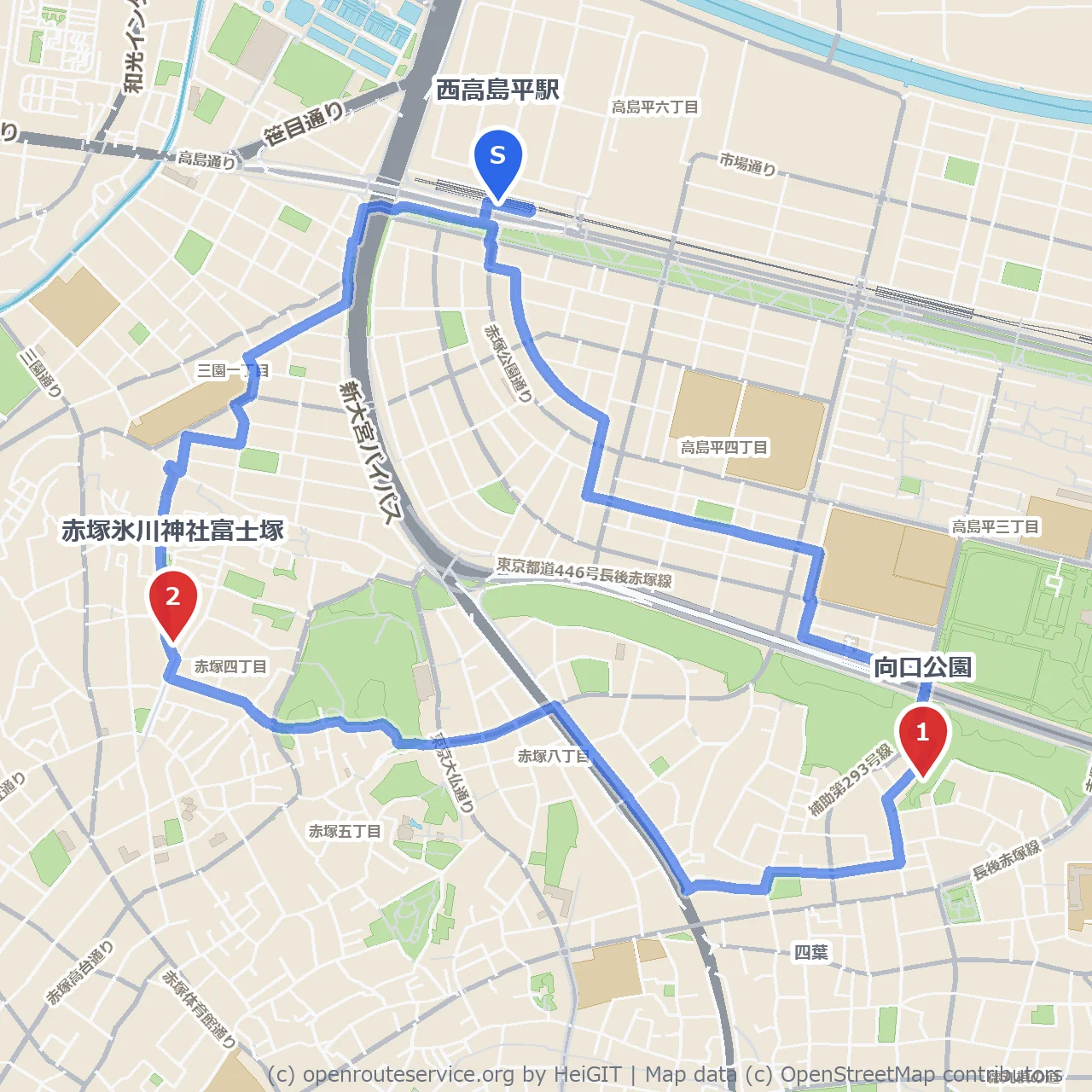 向口公園から赤塚氷川神社富士塚巡り のコースマップ