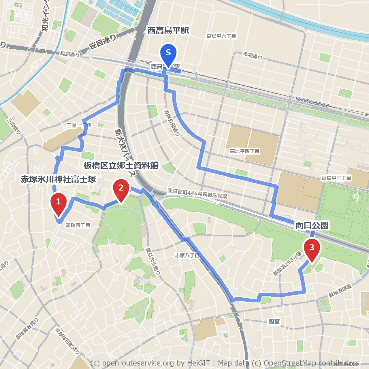 赤塚氷川神社と板橋郷土資料館をめぐる散歩 のコースマップ
