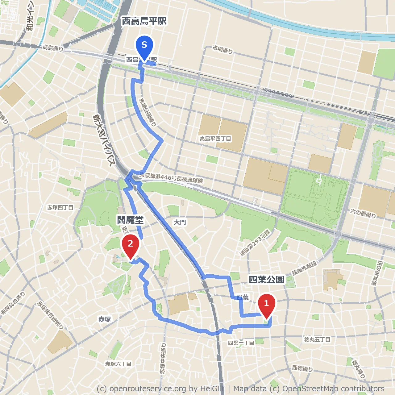 四葉公園から閻魔堂への歴史と自然散策路 のコースマップ