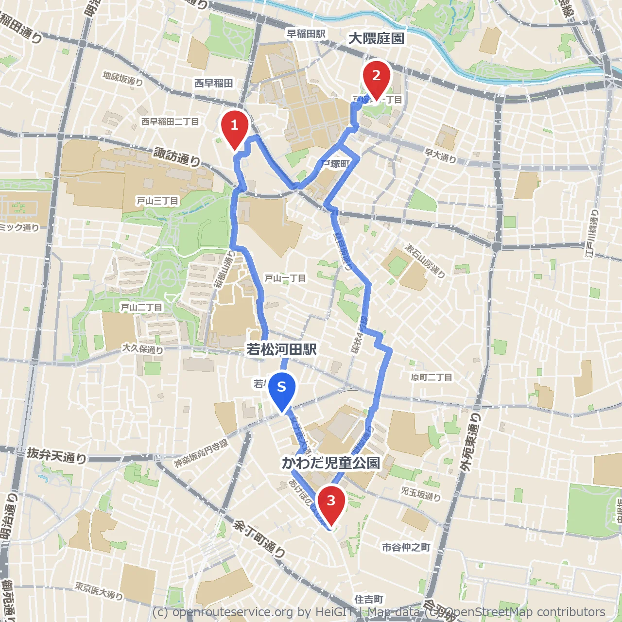 女たちの戦争と平和資料館から大隈庭園、児童公園への散策路 のコースマップ