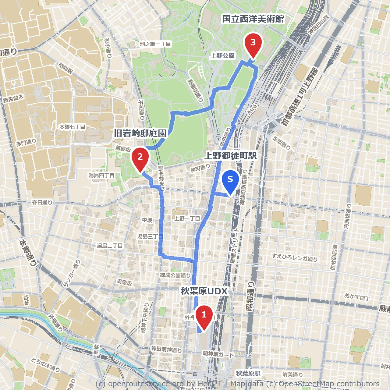 秋葉原UDXと旧岩崎邸庭園を経て美術館へ のコースマップ