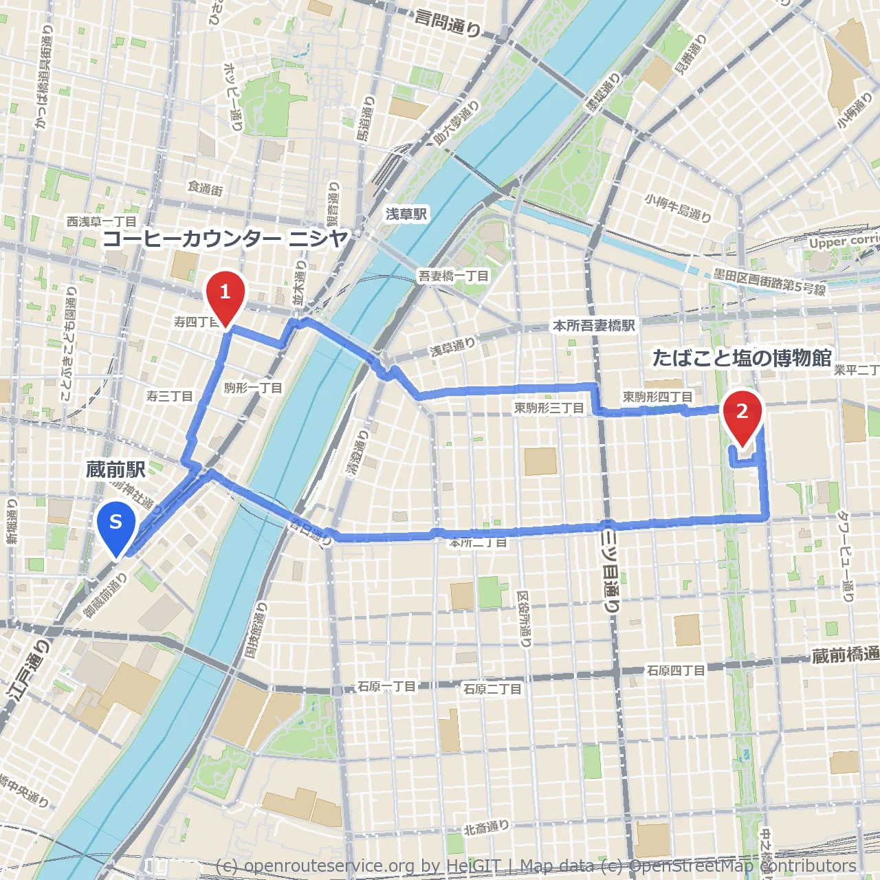 蔵前 カフェからたばこと塩の博物館を楽しむ散歩道 のコースマップ