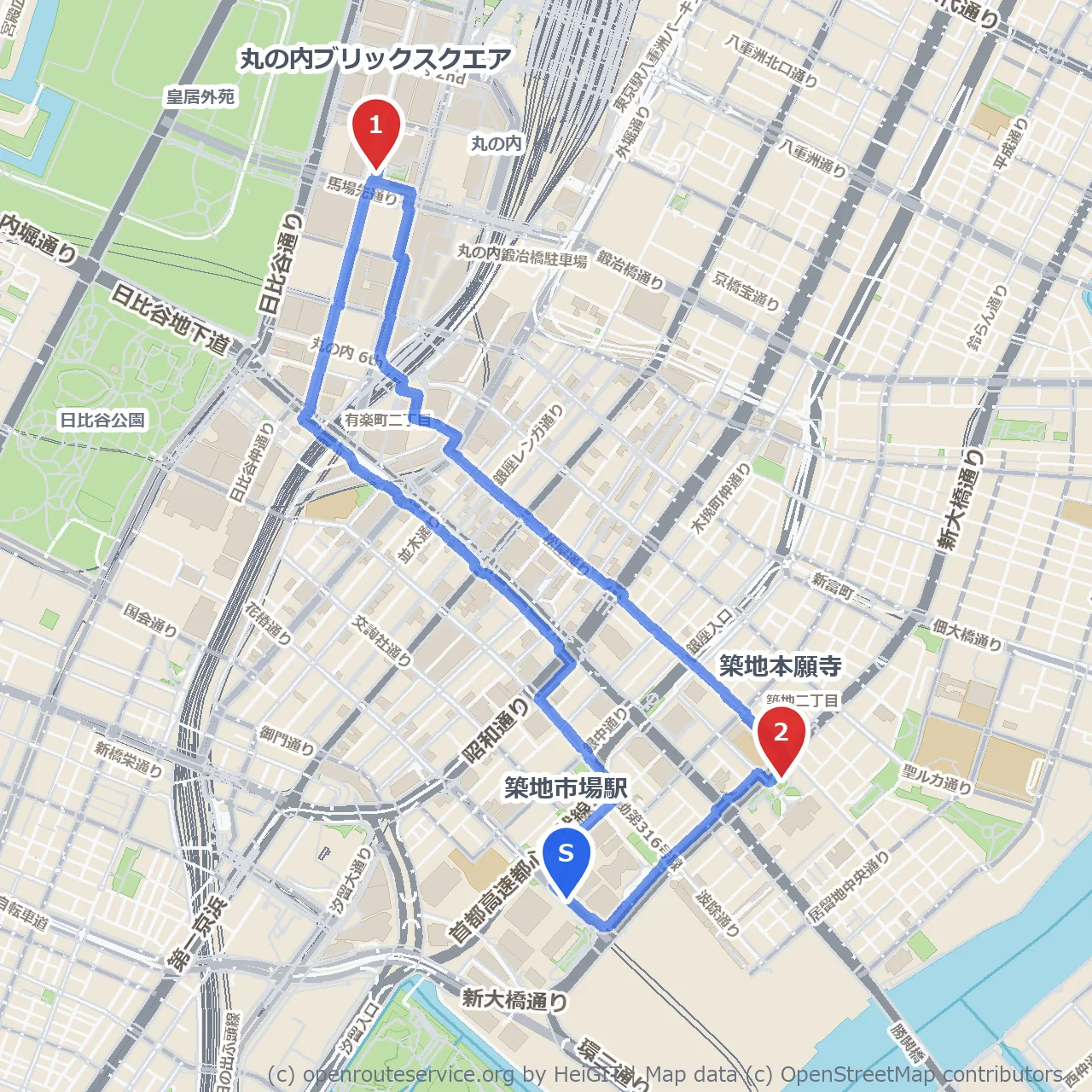 丸の内ブリックスクエアから築地本願寺への歴史散策 のコースマップ