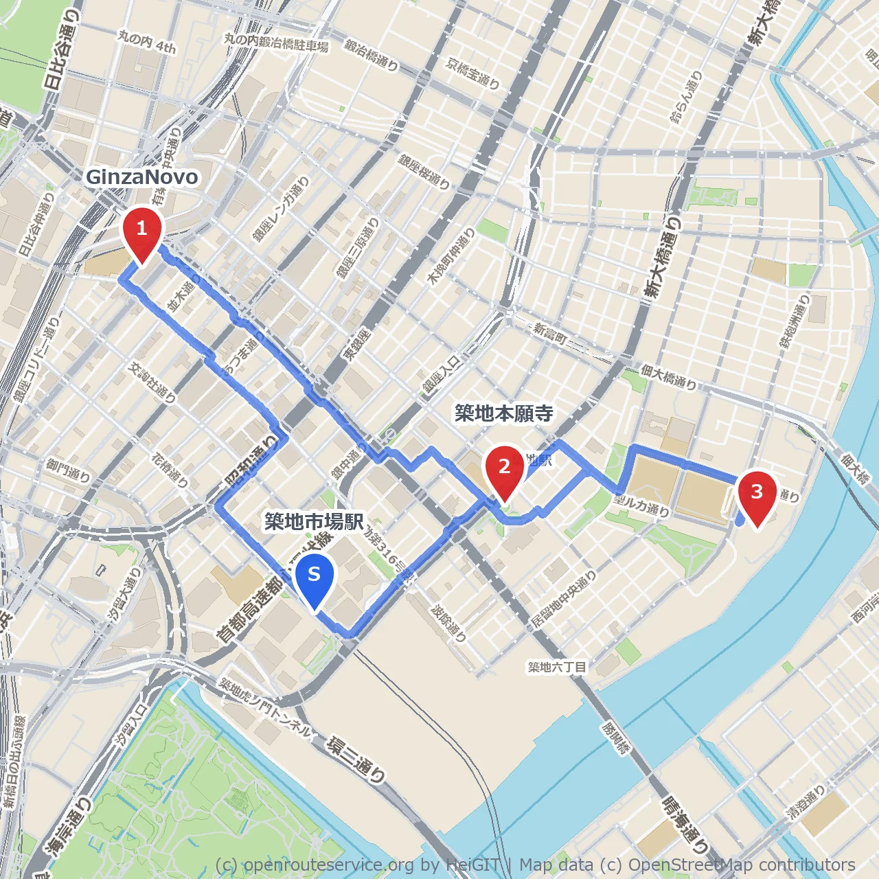銀座の街並みと明石町展望台を巡る築地本願寺散歩路 のコースマップ