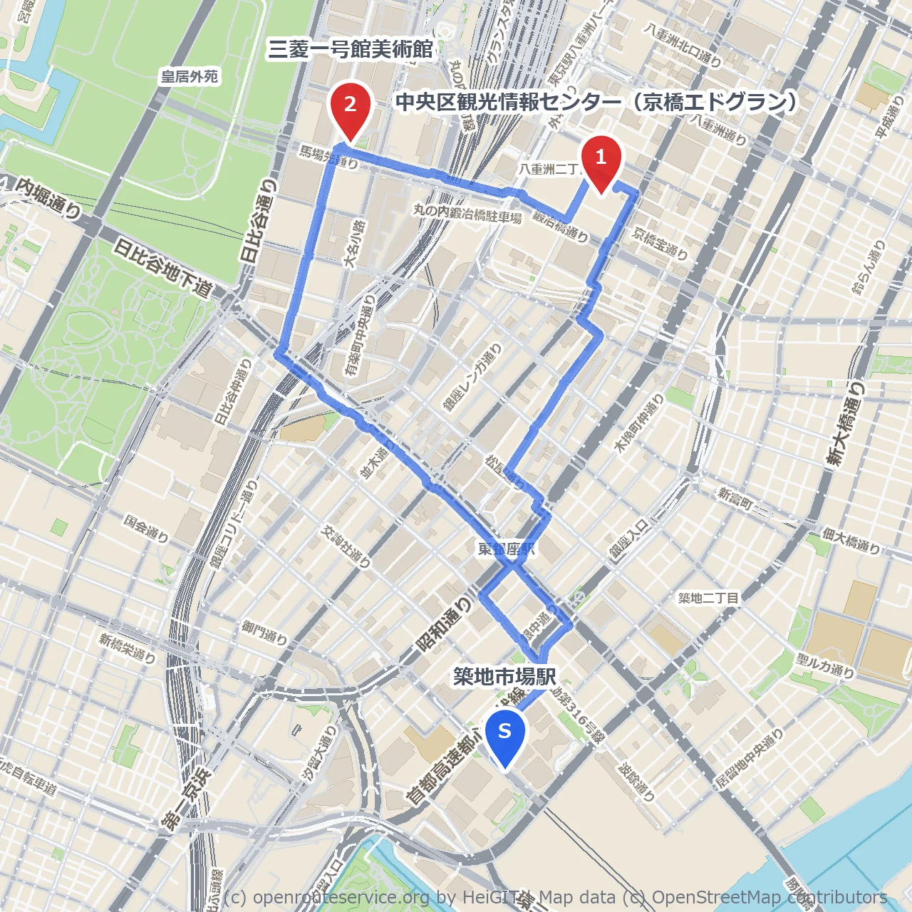 京橋エドグランから三菱一号館美術館アート散策コース のコースマップ