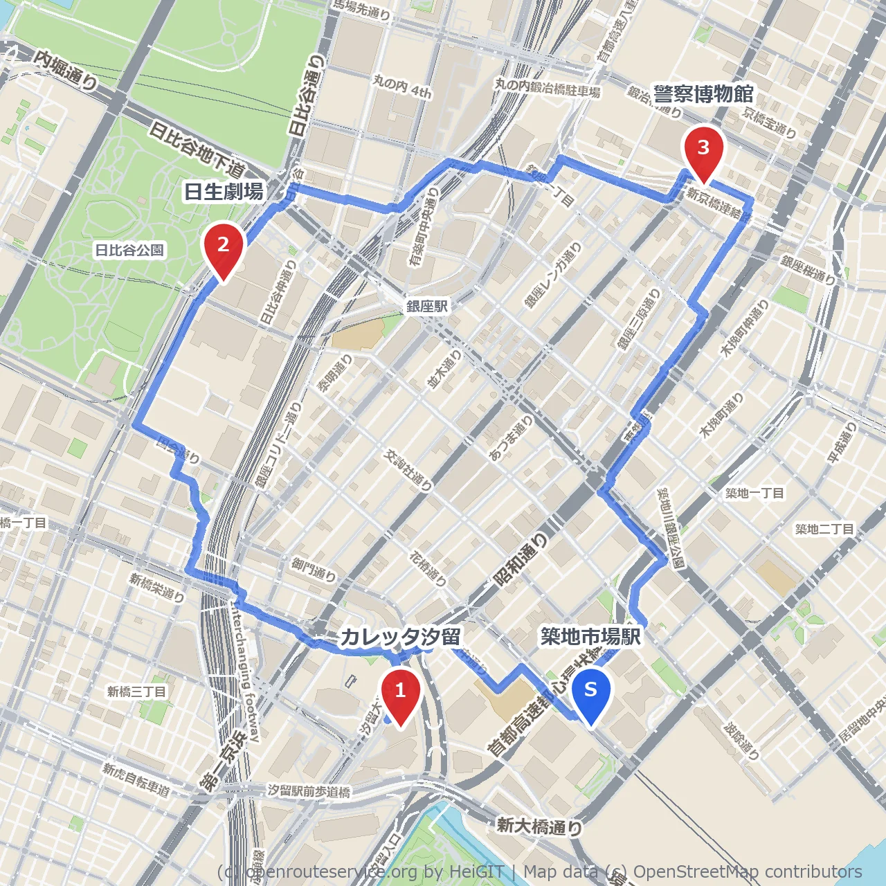 汐留の夜景と警察博物館を楽しむ日生劇場周辺散歩 のコースマップ