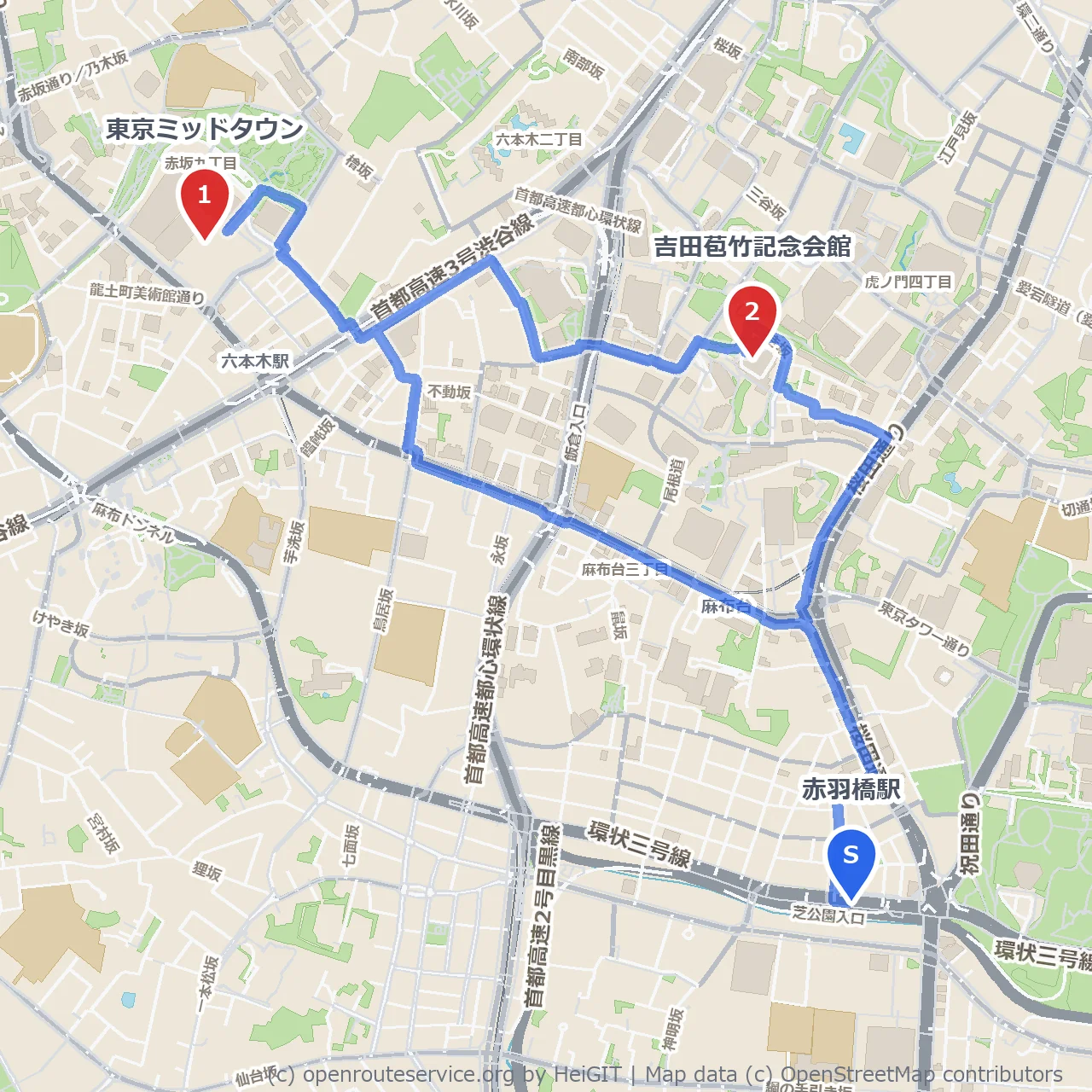 東京ミッドタウンと吉田苞竹記念会館の静かな散歩道 のコースマップ
