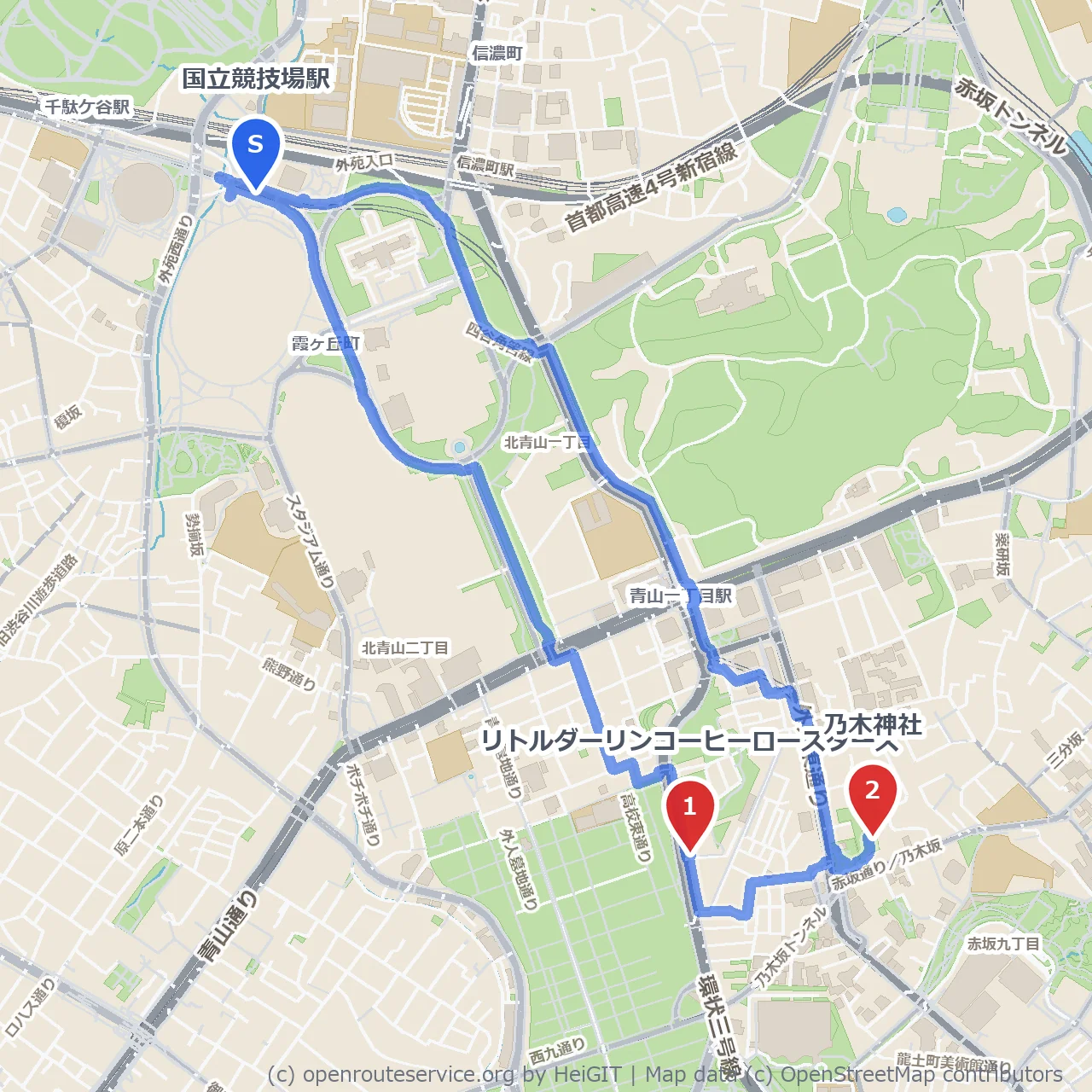 乃木神社とリトルダーリンコーヒーのほっとひと息散歩 のコースマップ