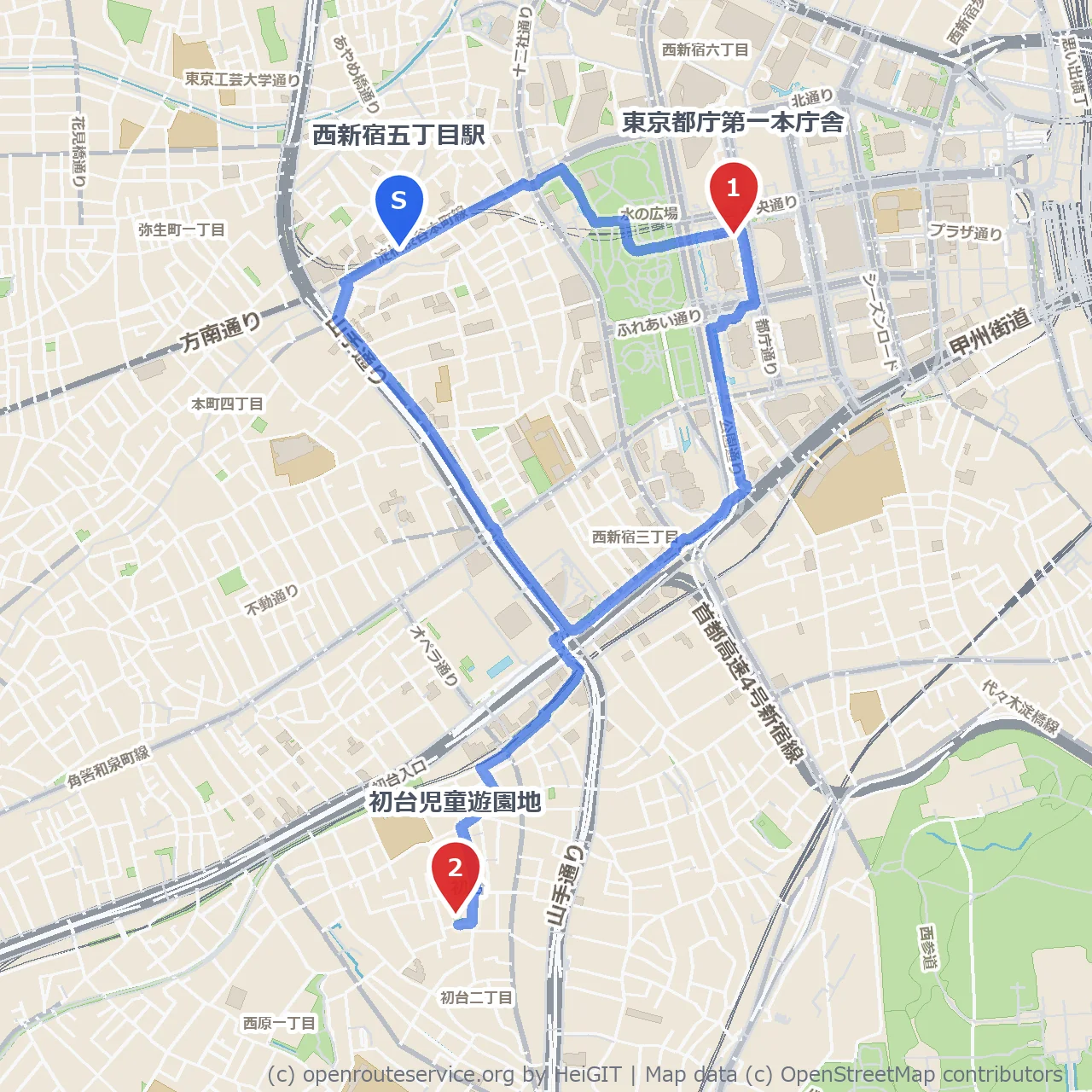 東京都庁と初台児童遊園地を巡る緑の散策路 のコースマップ