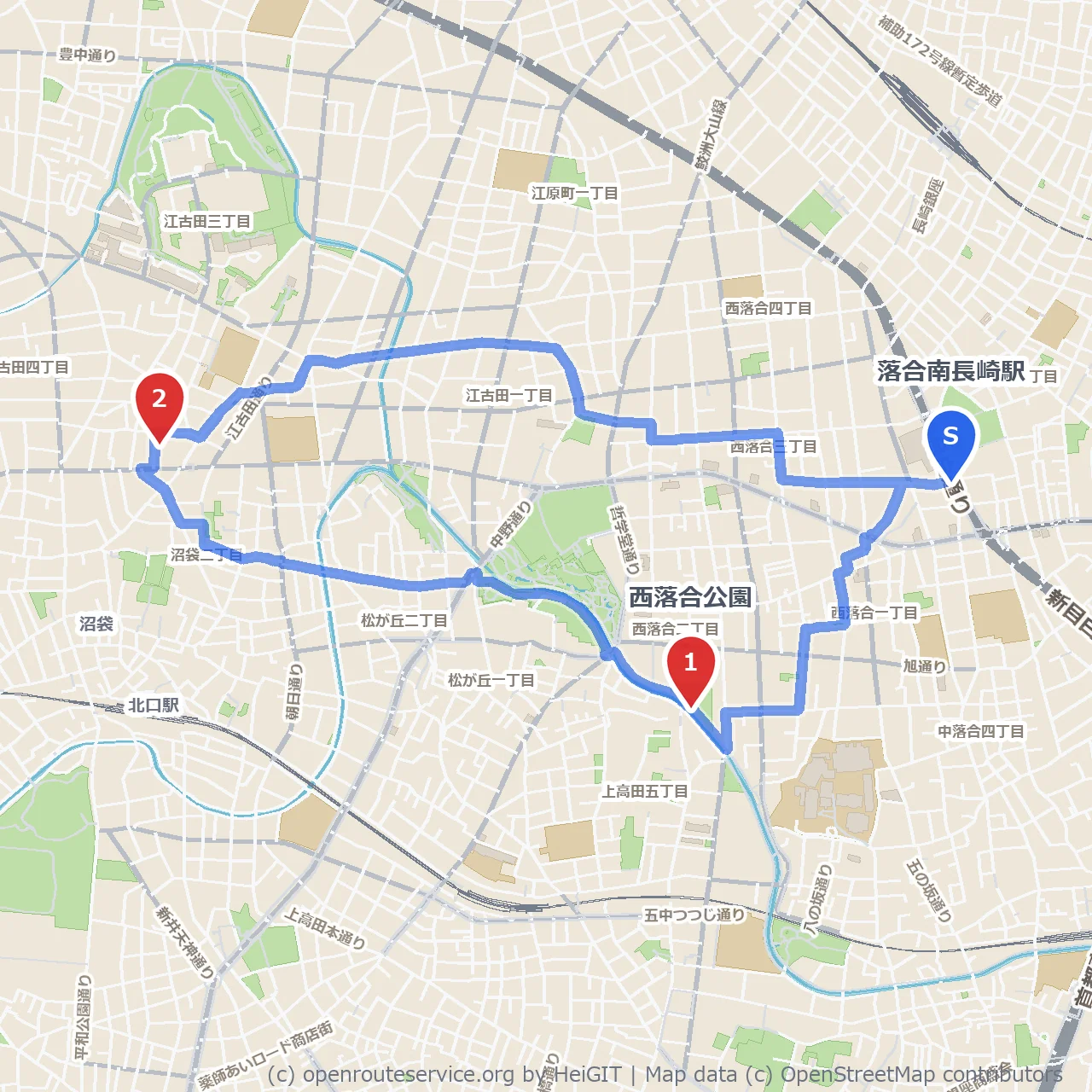 西落合公園から歴史民俗資料館までの静かな散歩道 のコースマップ