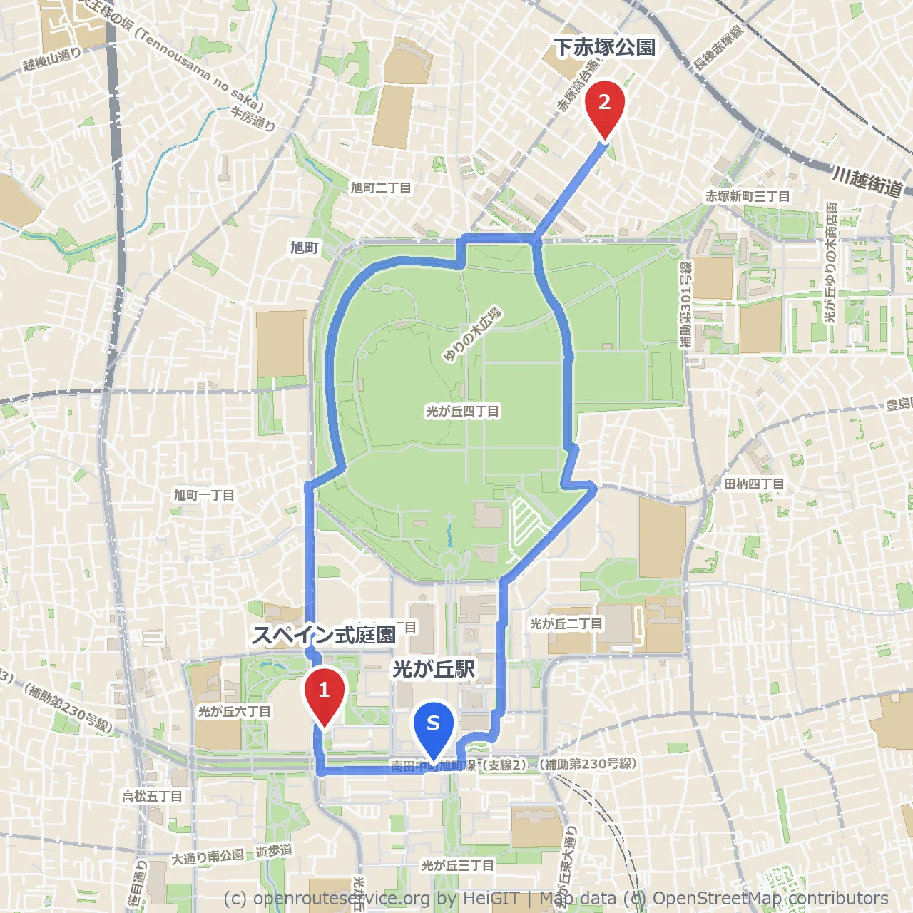 スペイン式庭園と下赤塚公園を楽しむ静かな散歩 のコースマップ