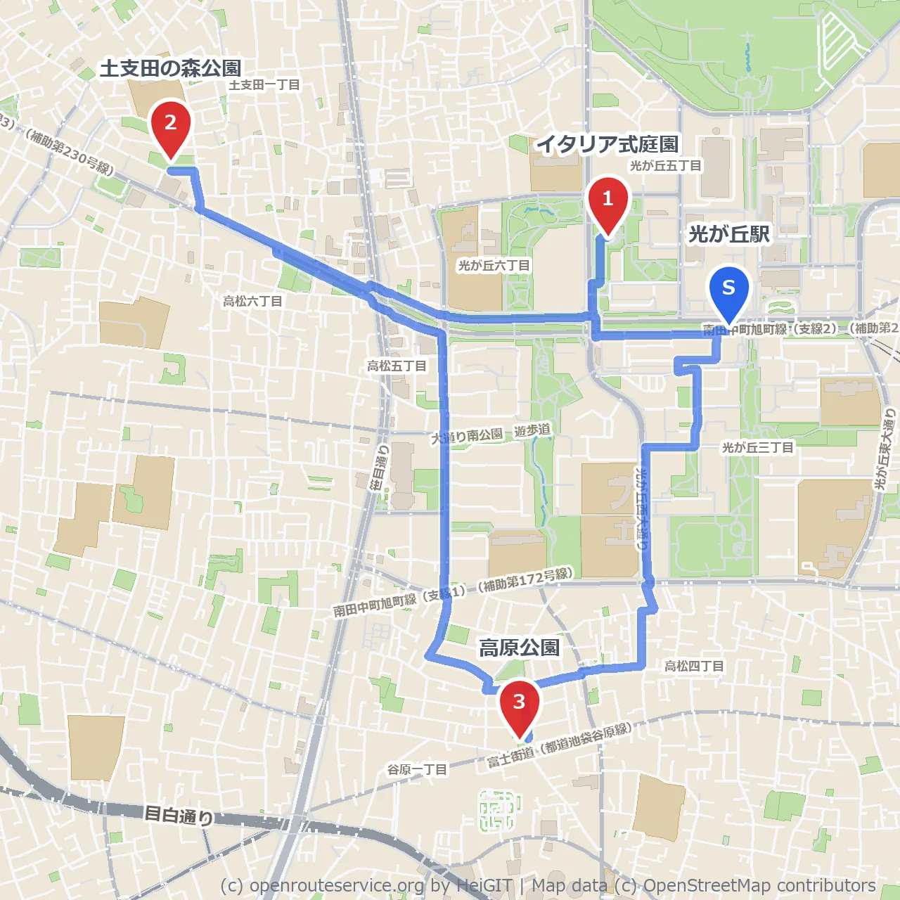 イタリア式庭園から土支田の森公園へ続く緑豊かな道 のコースマップ