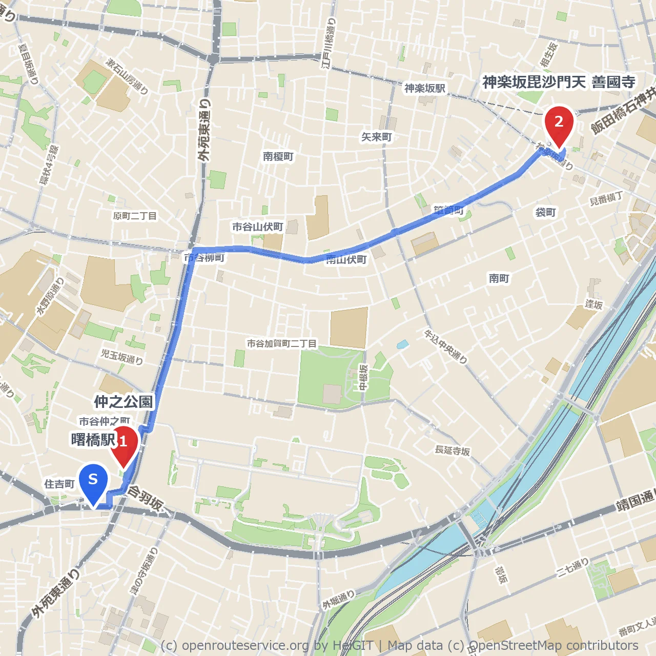 仲之公園と神楽坂毘沙門天 善國寺の静かな散歩道 のコースマップ