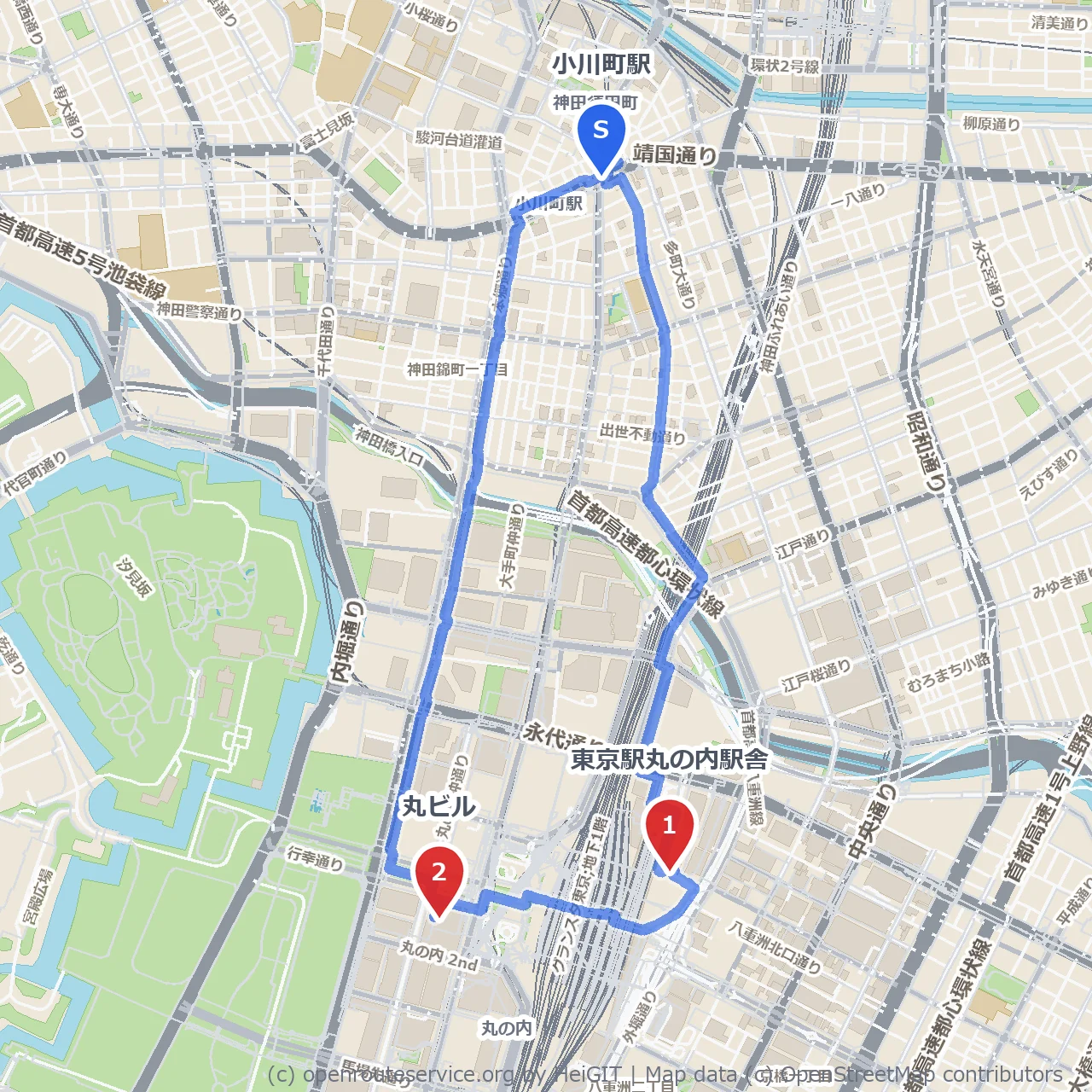 東京駅丸の内駅舎と丸ビルを巡る都市散策 のコースマップ