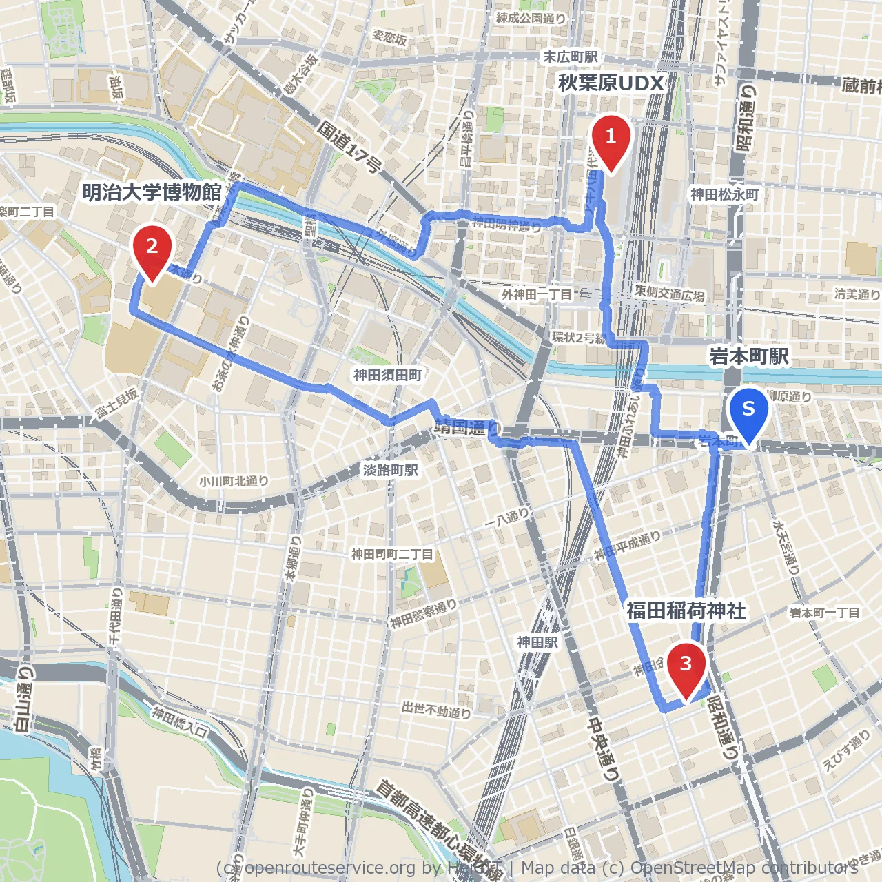 秋葉原UDXと明治大学博物館を結ぶ文化散歩 のコースマップ