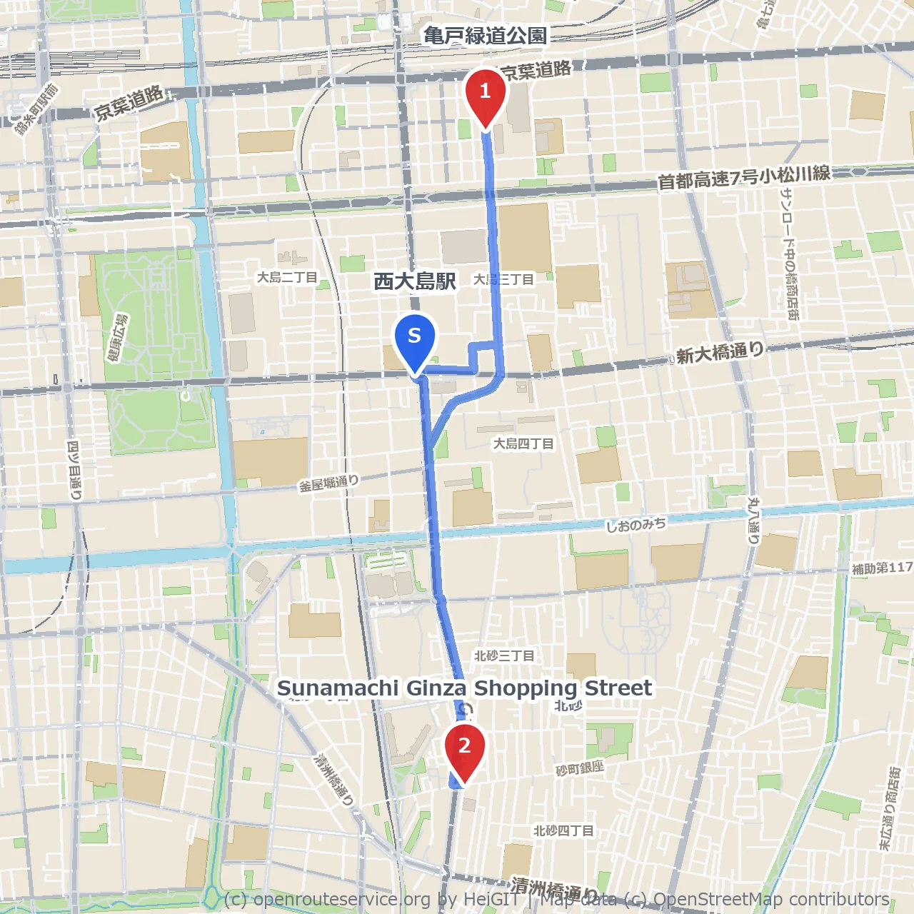 亀戸緑道公園から砂町銀座を歩く散策路 のコースマップ