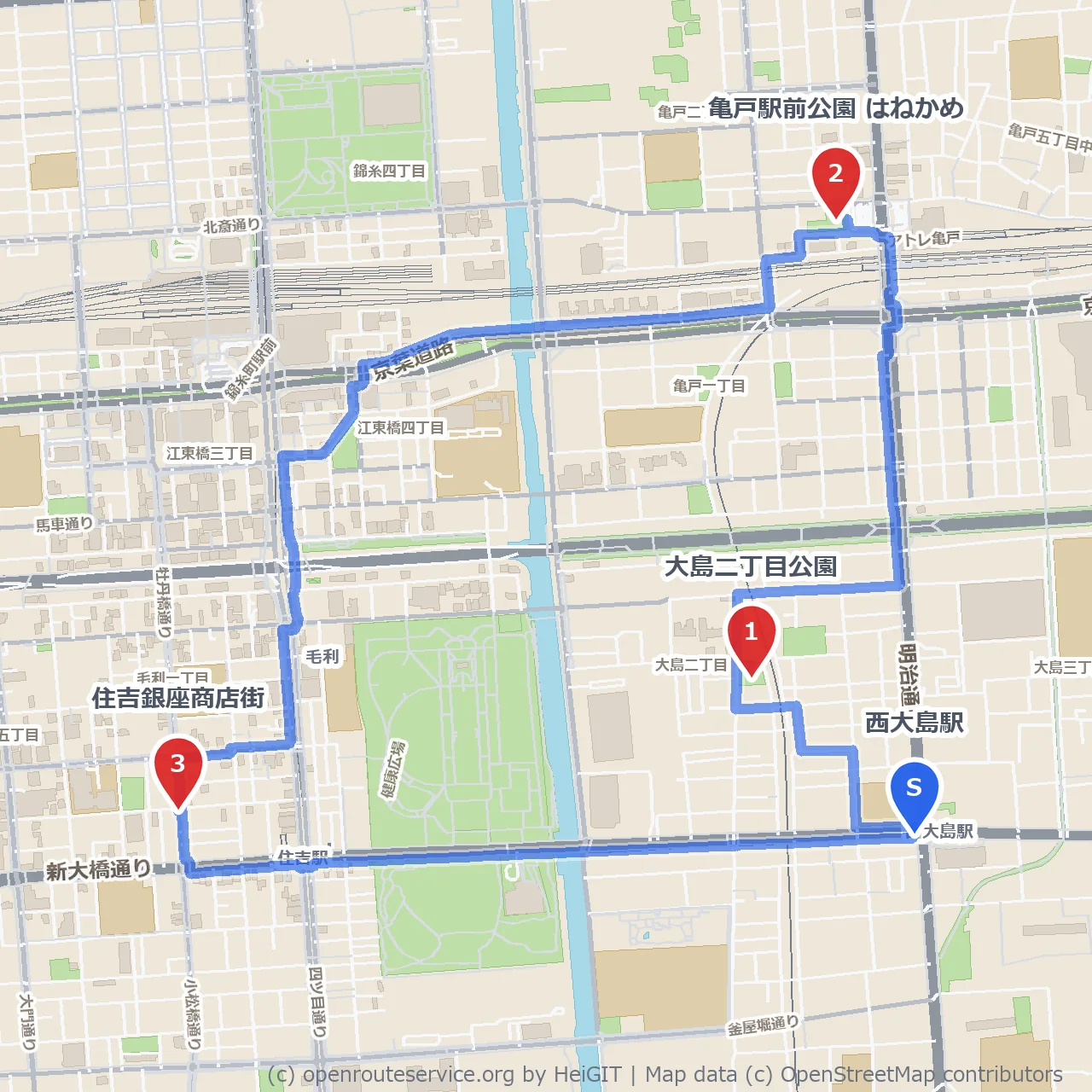 大島二丁目公園と住吉銀座の下町風情散歩 のコースマップ