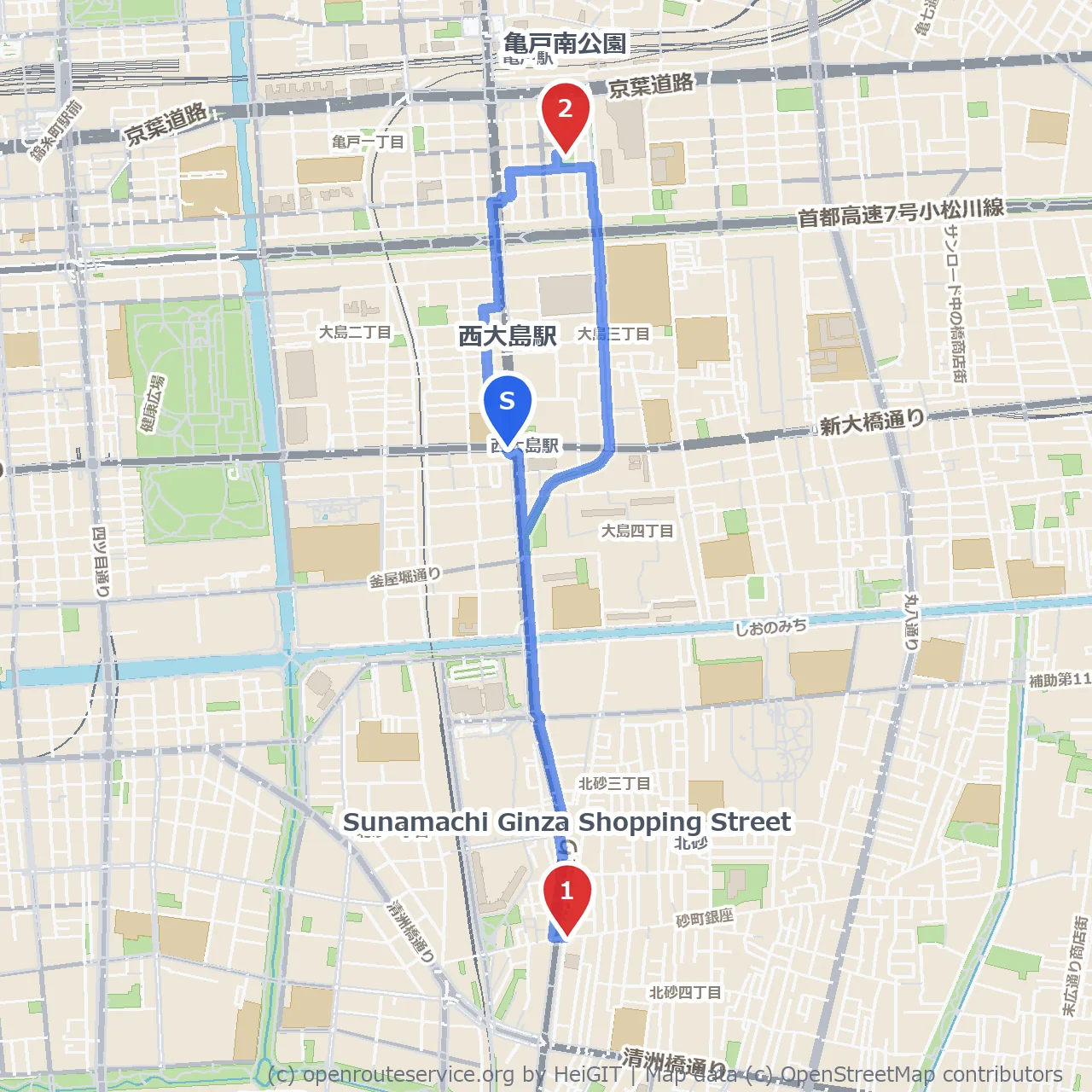 砂町銀座から亀戸南公園へのゆったり散歩道 のコースマップ