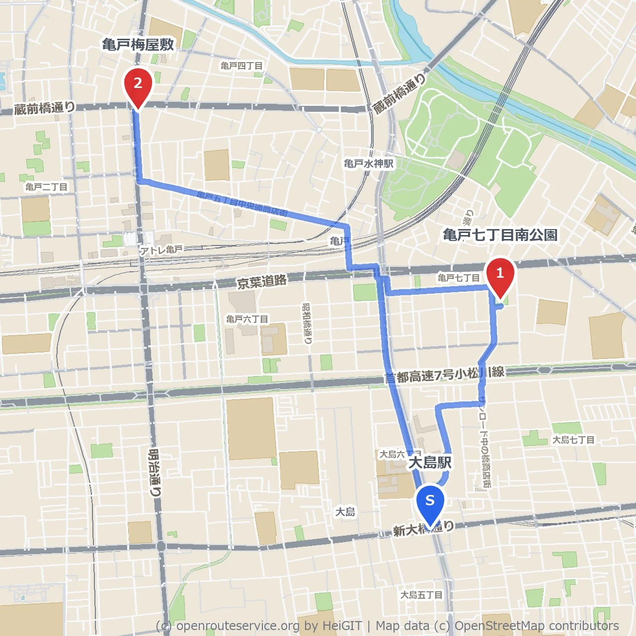亀戸七丁目南公園から梅屋敷までの四季の散歩道 のコースマップ