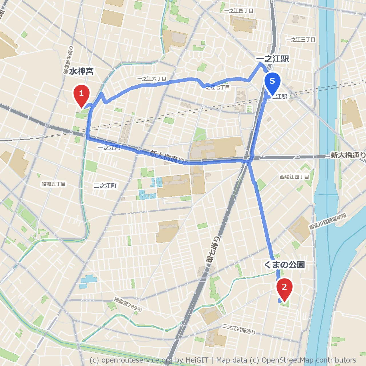 水神宮参拝とくまの公園で過ごす静かな散歩道 のコースマップ