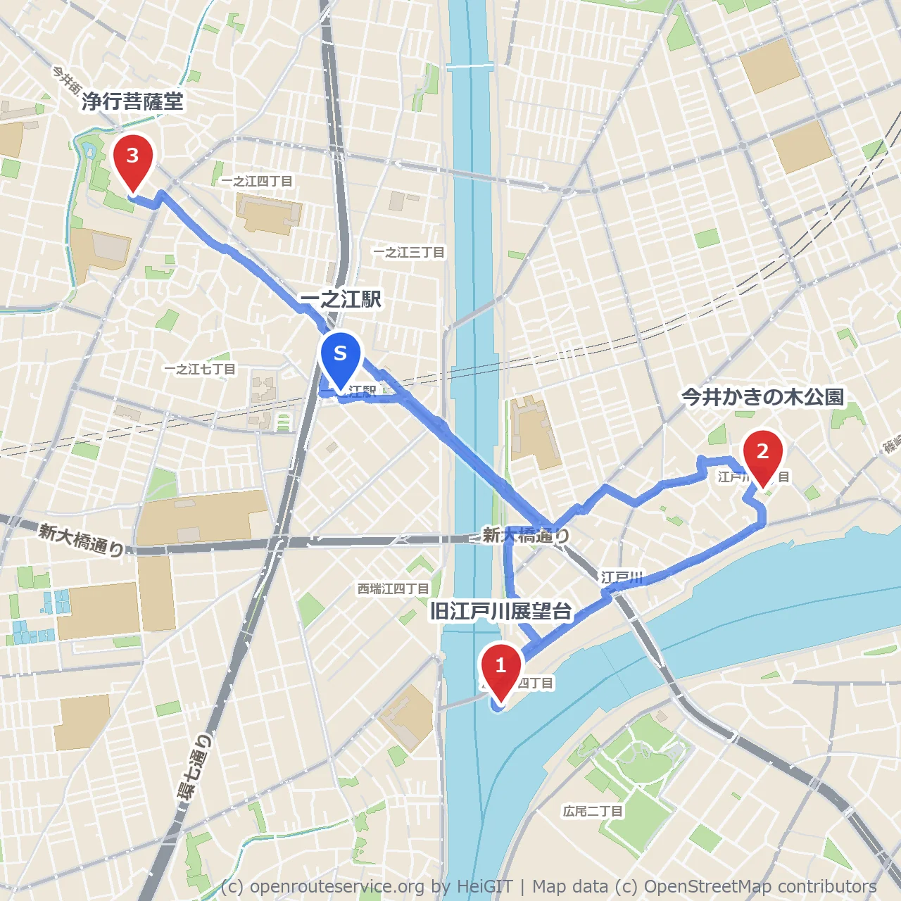 旧江戸川展望台から今井かきの木公園・浄行菩薩堂へ のコースマップ