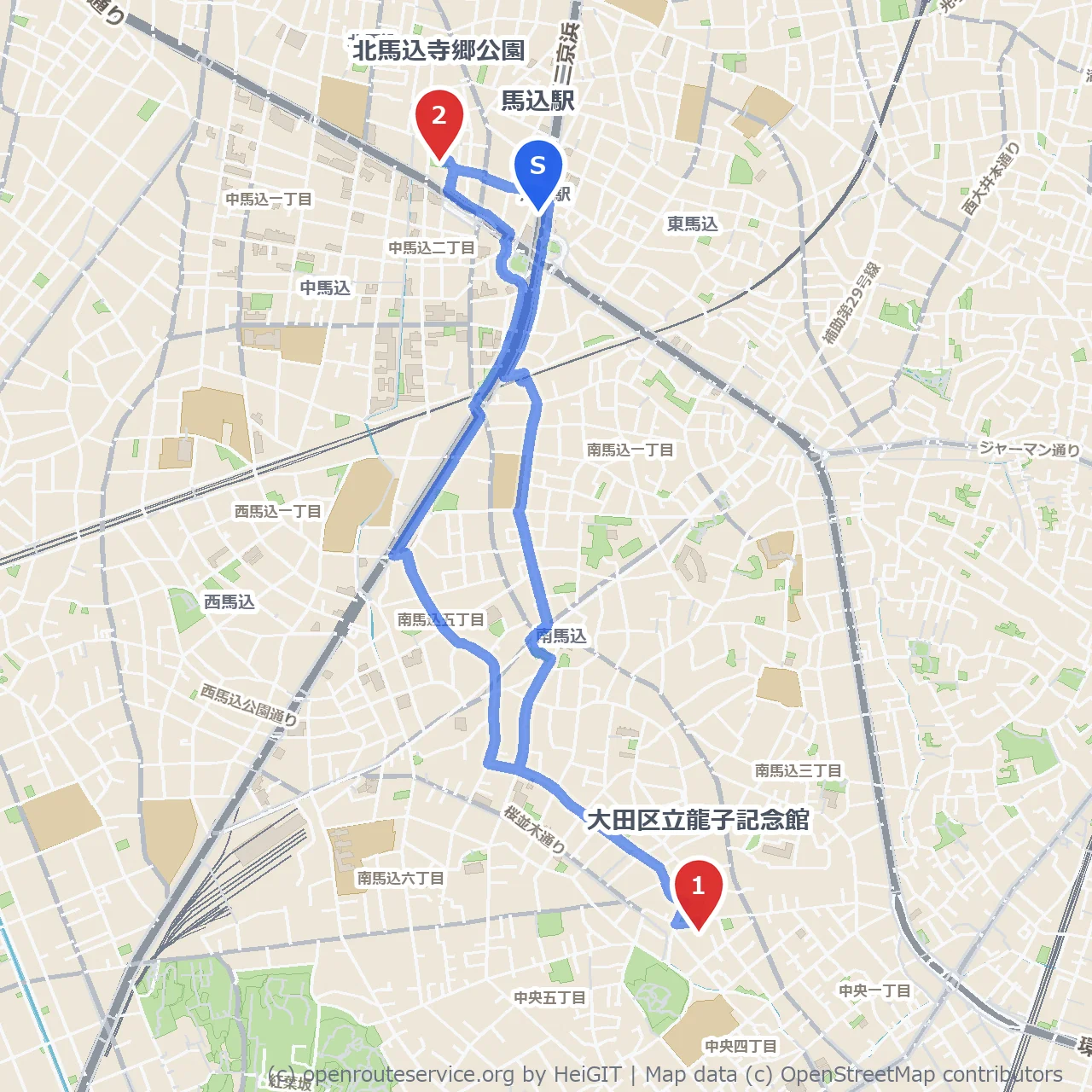 龍子記念館から北馬込寺郷公園への静かな散歩道 のコースマップ