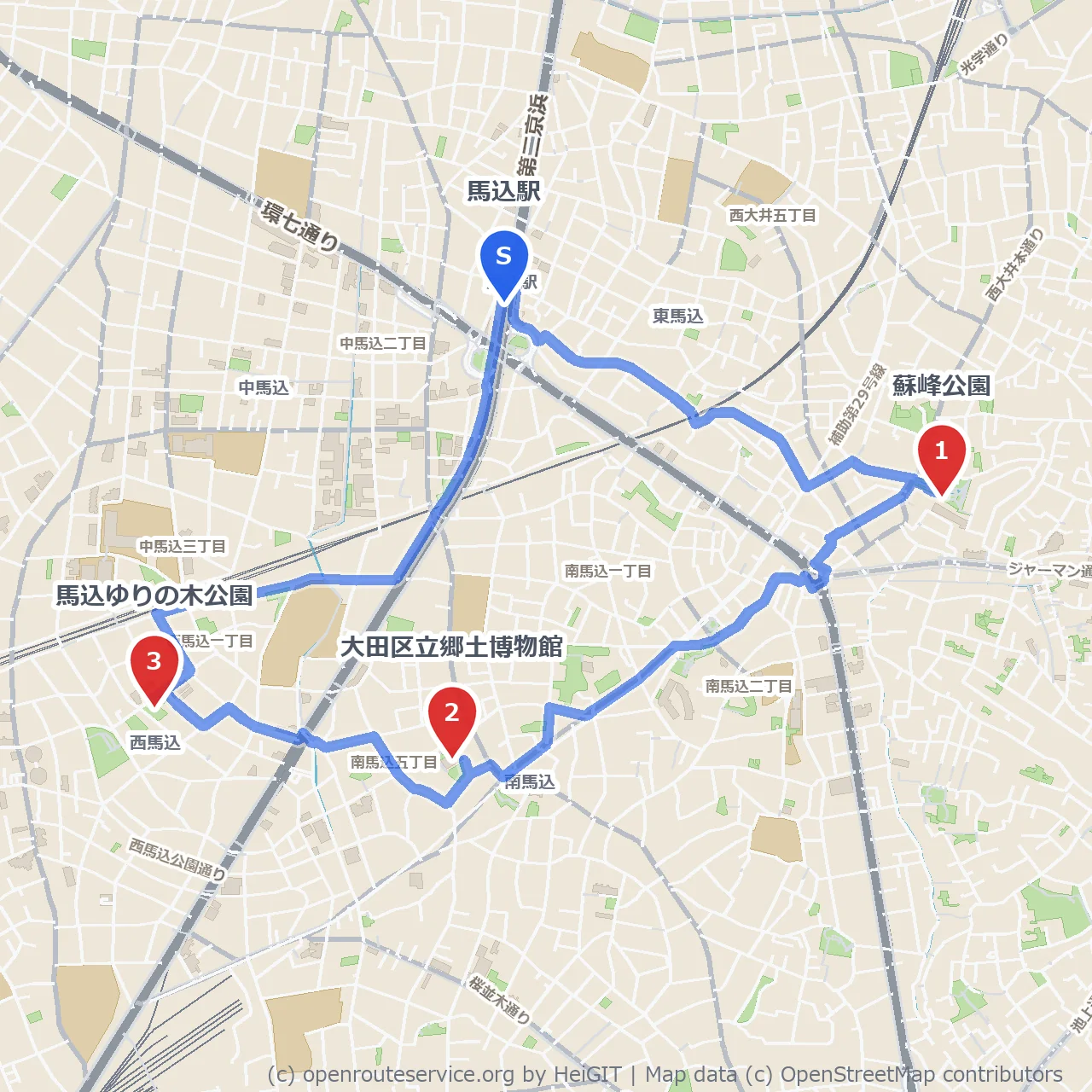 蘇峰公園と郷土博物館を経由する馬込ゆりの木公園散歩 のコースマップ