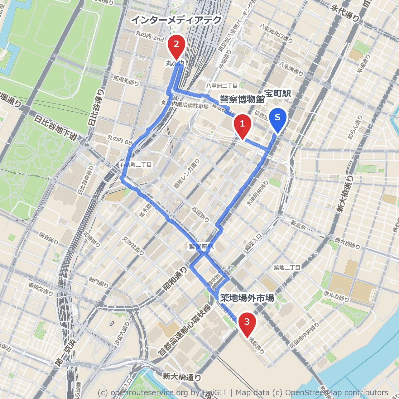 築地場外市場と博物館巡り警察文化を歩く道 のコースマップ