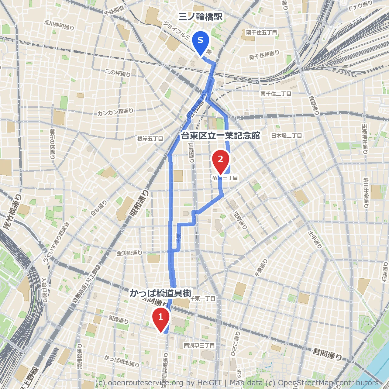かっぱ橋道具街と一葉記念館を巡る文化散歩 のコースマップ
