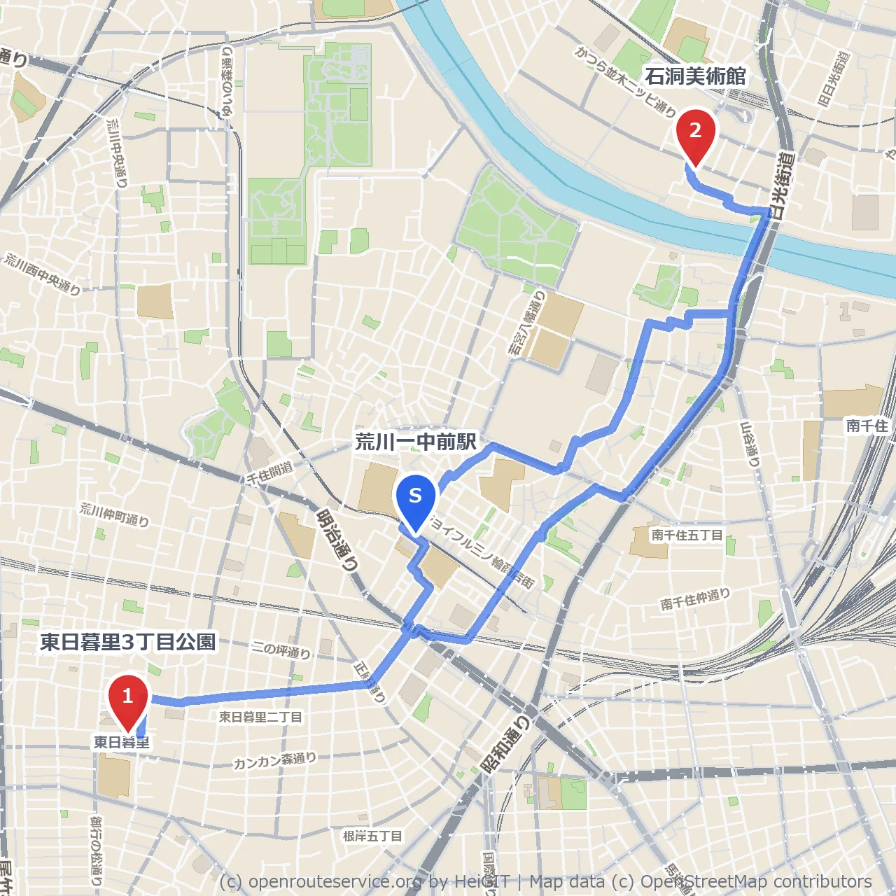東日暮里3丁目公園から石洞美術館へ歩く文化路 のコースマップ