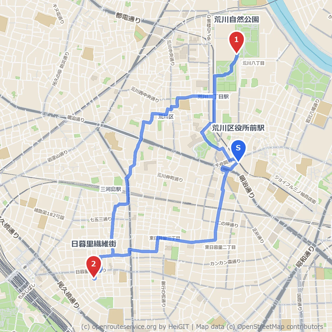 荒川自然公園から日暮里繊維街へ楽しむ散歩 のコースマップ