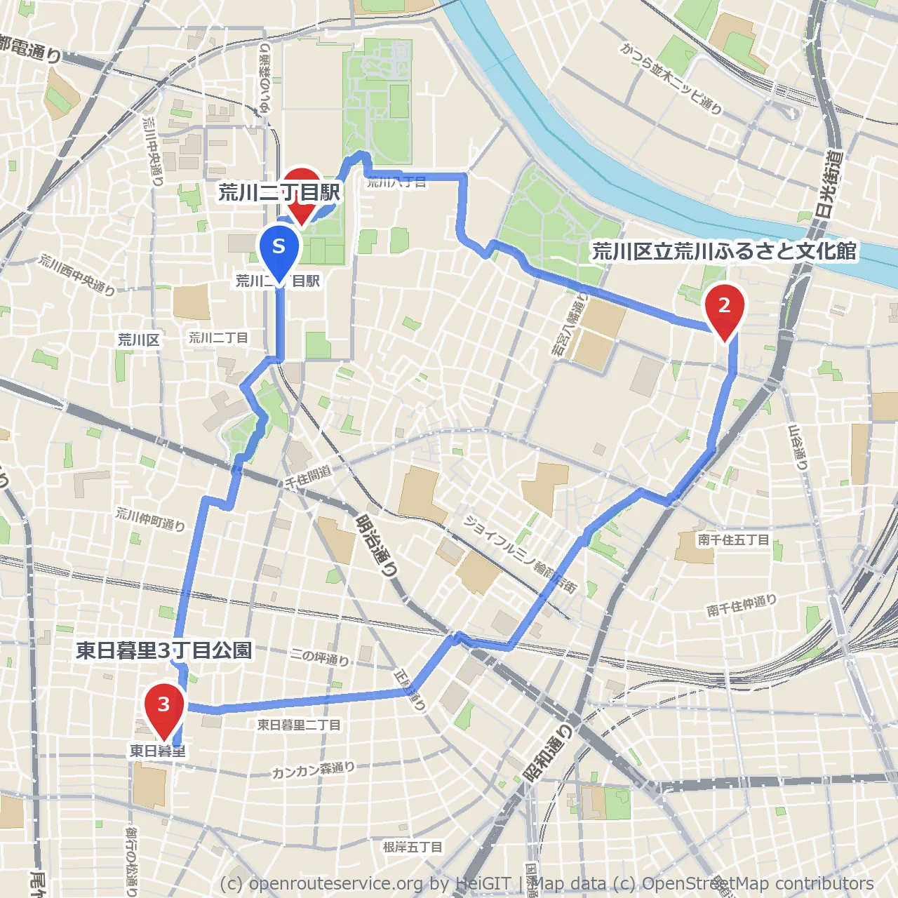 野草園から荒川ふるさと文化館、東日暮里公園の散策 のコースマップ