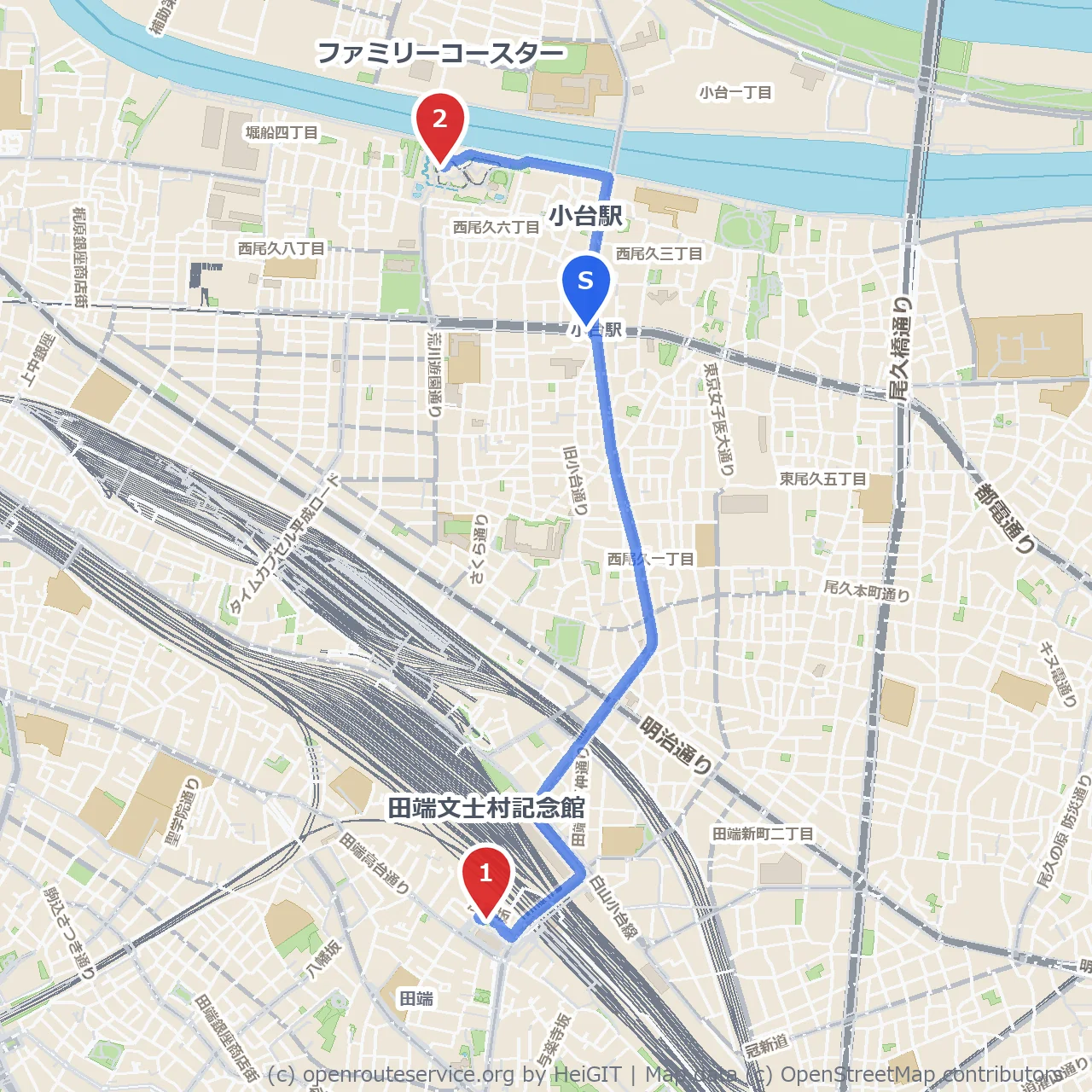 田端文士村記念館からファミリーコースターまでの散策路 のコースマップ