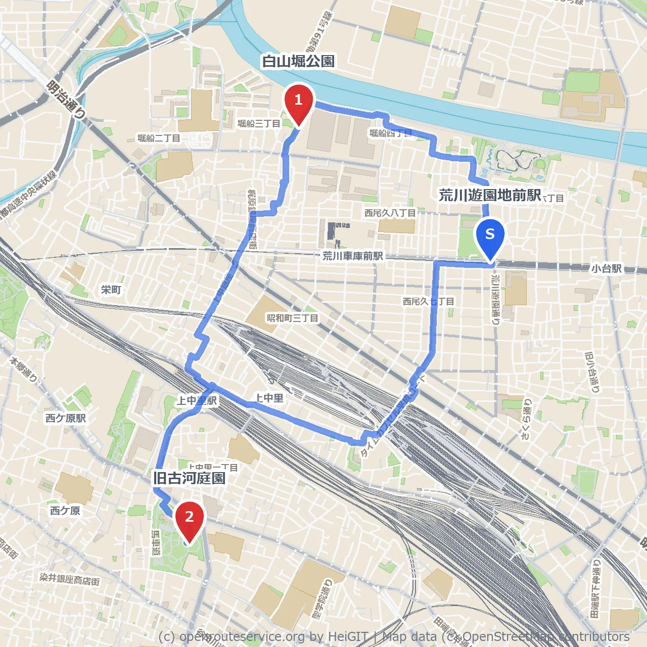 白山堀公園から歴史の旧古河庭園への散策路 のコースマップ
