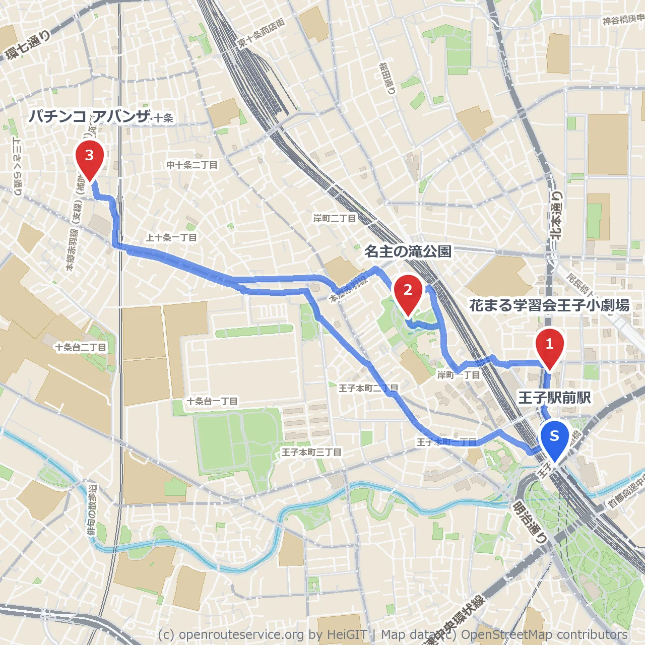 花まる学習会小劇場から名主の滝公園へ歩く道 のコースマップ