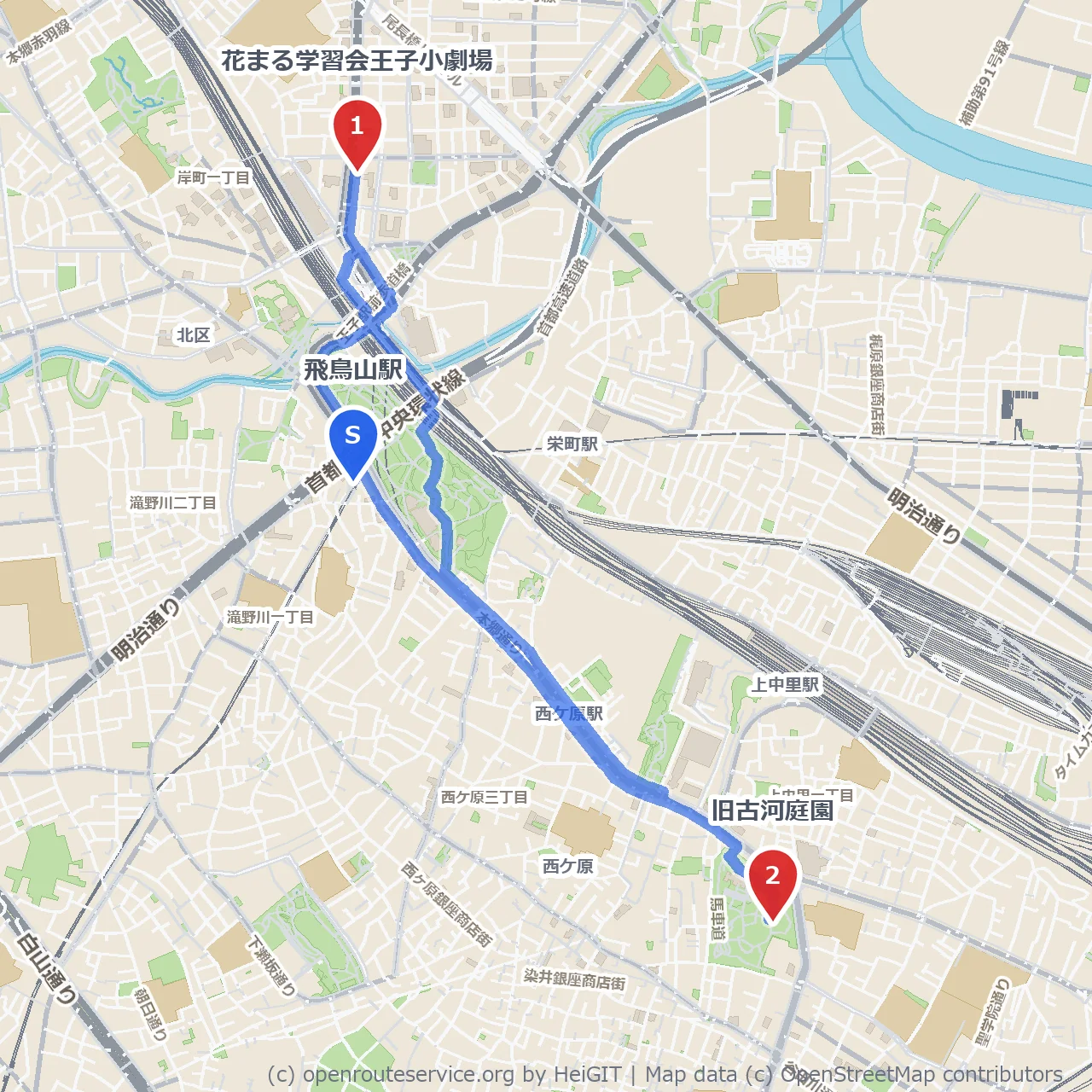 王子小劇場と旧古河庭園の文化と自然散歩 のコースマップ