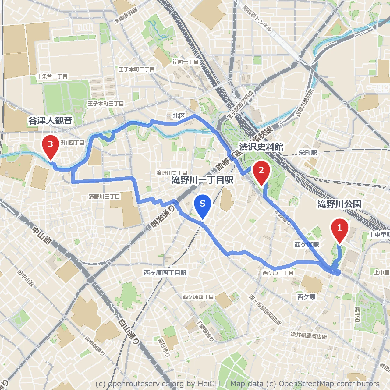 滝野川公園と歴史を感じる渋沢史料館・谷津大観音めぐり のコースマップ