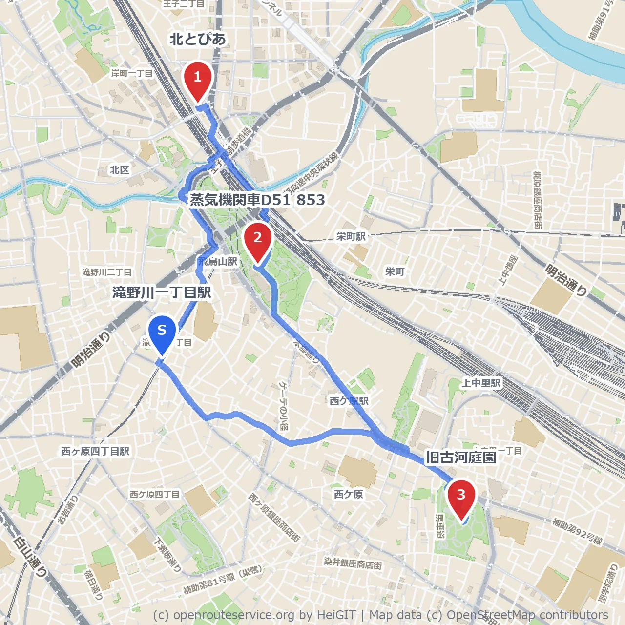 北とぴあ展望と旧古河庭園を訪ねる歴史探訪コース のコースマップ