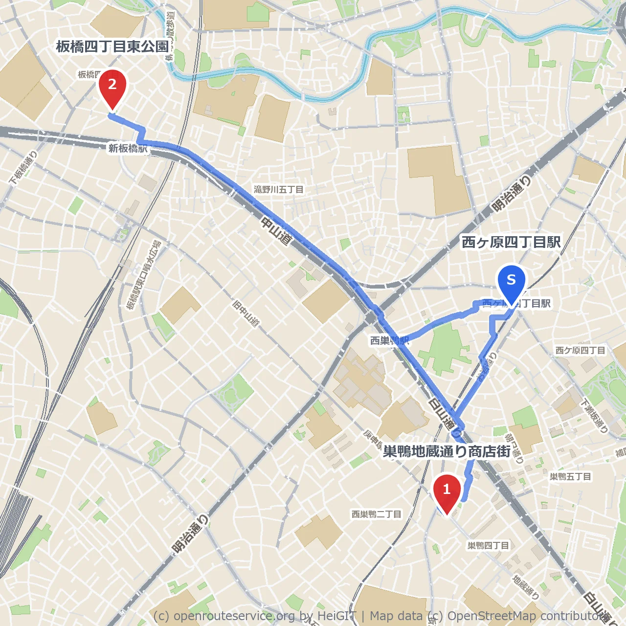 巣鴨地蔵通り商店街から板橋四丁目東公園までの散策路 のコースマップ