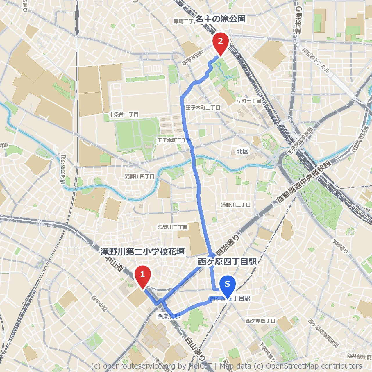 滝野川第二小学校の花壇と名主の滝公園を歩く道 のコースマップ